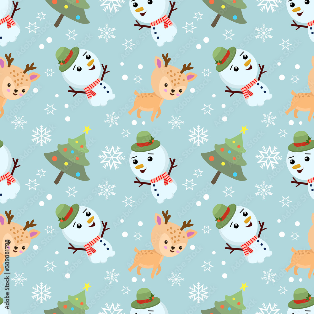 Cute snow man and deer with Christmas tree in winter seamless pattern.