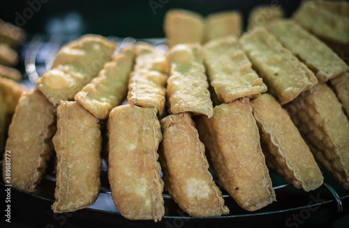Fried Tofu, a food at the Vegetarian Festival of Chinese-Thai people, is available for sale in Naklua market. Pattaya, Thailand