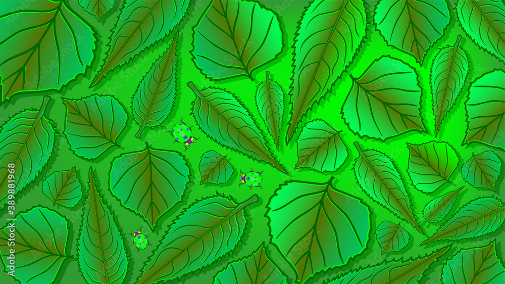 Bright green summer rectangular pattern or wallpaper of different leaves and ladybugs. EPS10