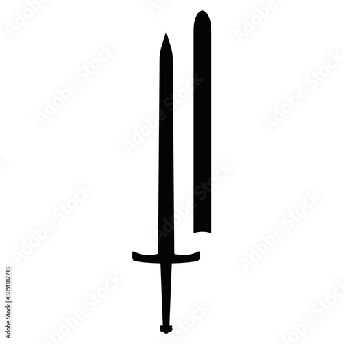 Medieval war type of weapon, concept icon sword old cold weaponry black silhouette vector illustration, isolated on white. Flat equipment of murder.