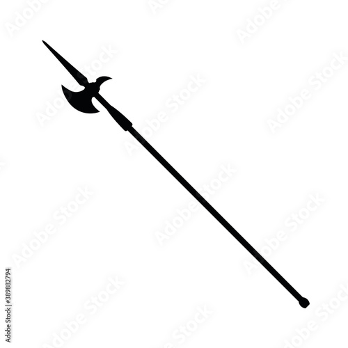 Medieval war type of weapon, concept icon pike halberd axe old cold weaponry black silhouette vector illustration, isolated on white. Flat equipment of murder.