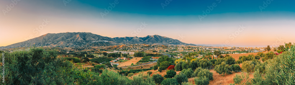 Mijas in Malaga, Andalusia, Spain. Summer landscape Cityscape At Sunset Sunrise. Panorama
