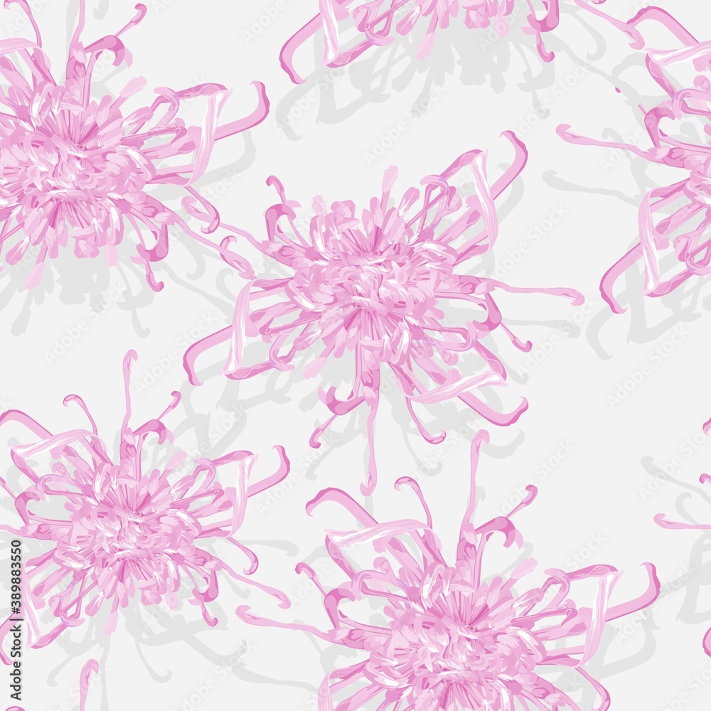 Seamless pattern of hand drawn bright pink chrysanthemums with green leaves in Japanese graphic style.