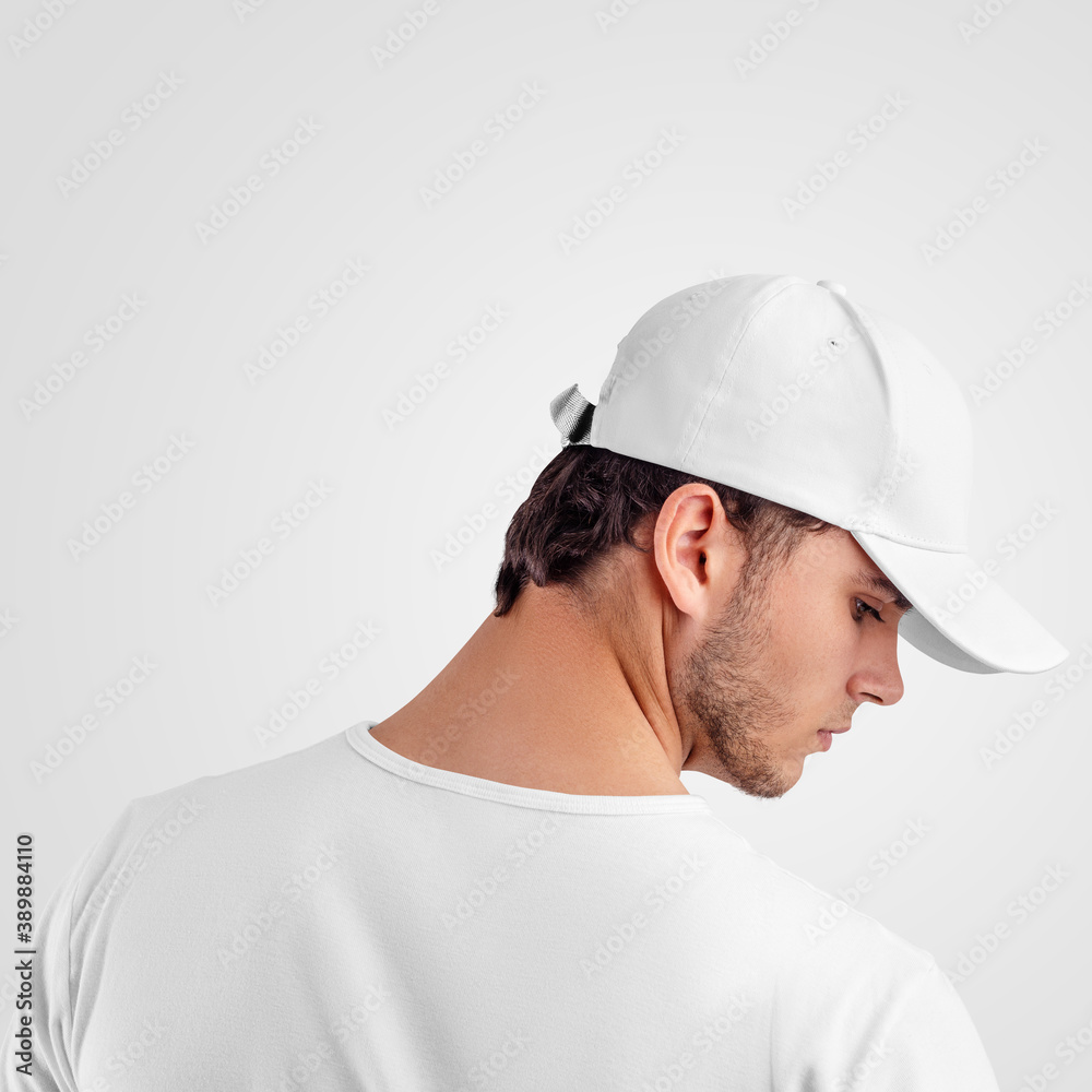 White baseball cap template on guy, back and side view, sport hat isolated on background.