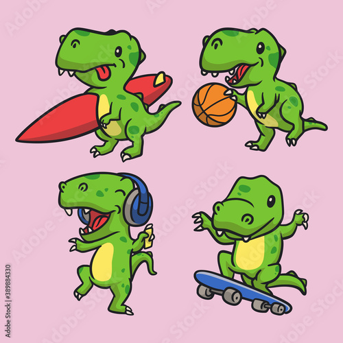 t rex surfing, t rex basketball, t rex listen to music and t rex skateboard animal logo mascot illustration pack
