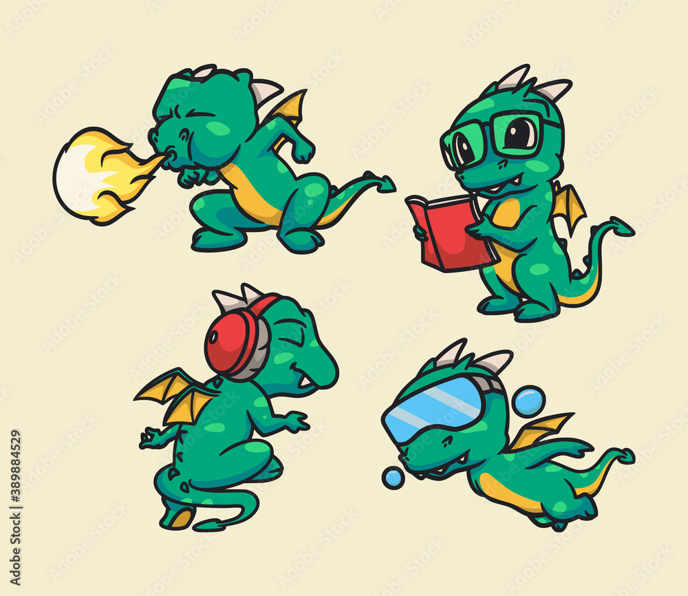 a dragon spits fire, a dragon reads a book, a dragon listens to music and a dragon dives animal logo mascot illustration pack a dragon spits fire, a dragon reads a book, a dragon listens to music and a dragon dives animal logo mascot illustration pack