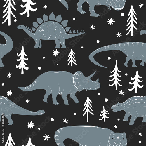 Winter seamless vector pattern with cute young dinosaurs and hand drawn doodle trees and snowflakes. Xmas kids background