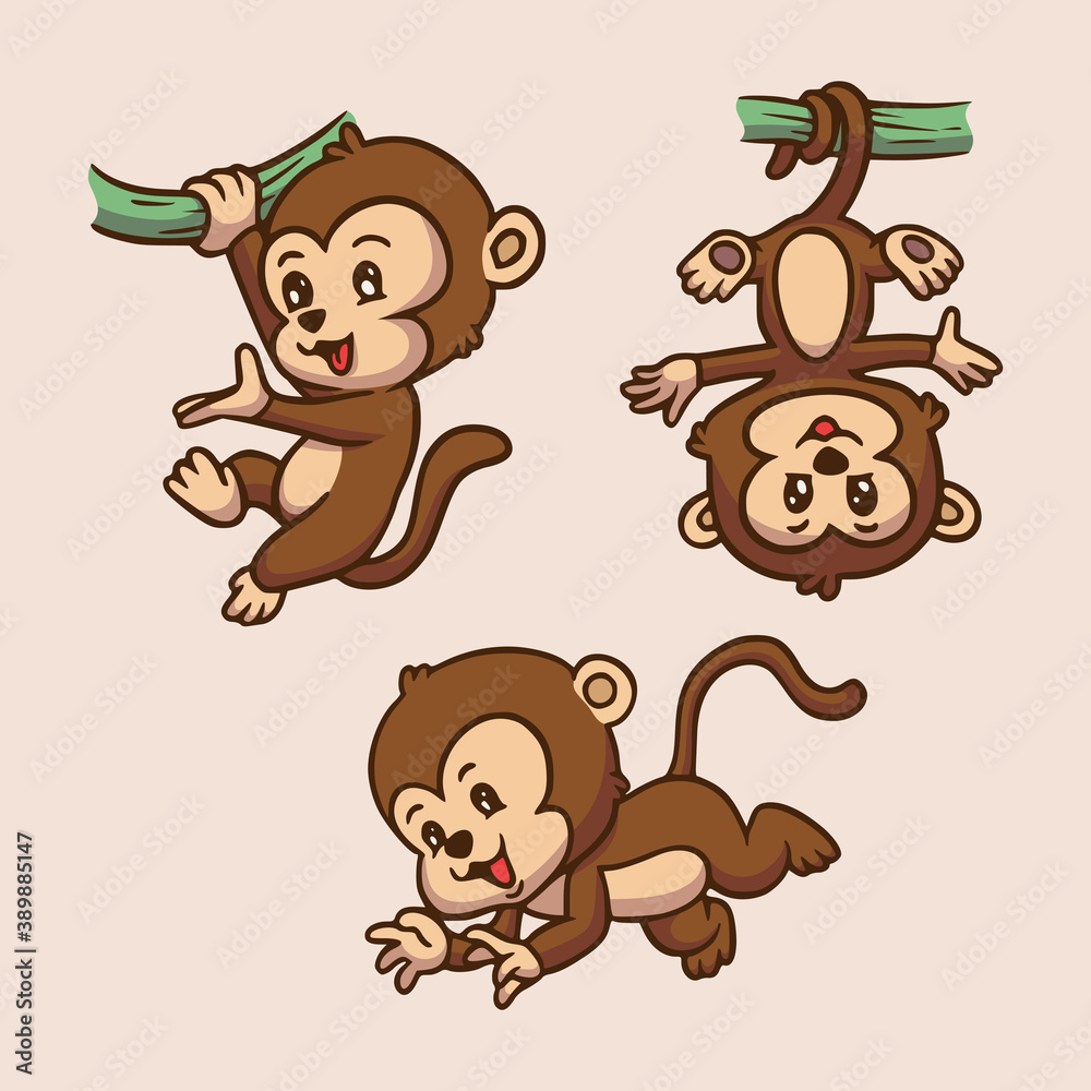 cartoon animal design monkey was hanging from the tree trunk and jumping  cute mascot illustration Stock Vector | Adobe Stock