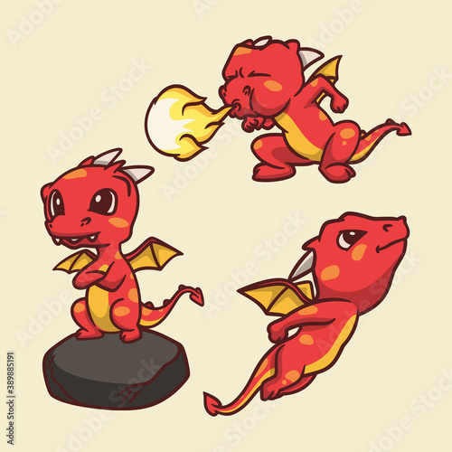 cartoon animal design dragon was standing on a rock  spitting fire and flying cute mascot illustration