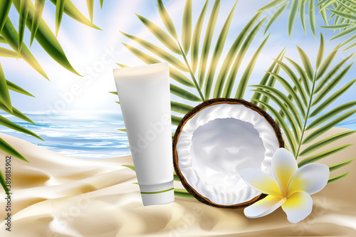 Coconut cosmetics product package vector illustration. Realistic tube packaging for beauty procedures on sea beach and palm leaves, moisturizer cream, gel or milk body lotion with natural coconut oil