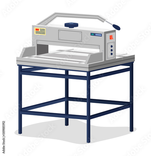 Cutting paper cutter icon. Element of printing house. Premium quality graphic design of printing studio equipment, Manual guillotine for paper isolated. Hand machine for typography on the table