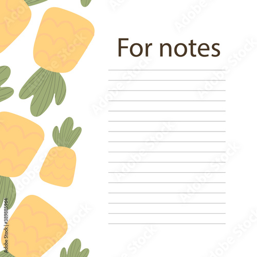 Cookbook page vector template. A place to write recipes. Vector illustration. Fruit. Pineapple in cartoon style