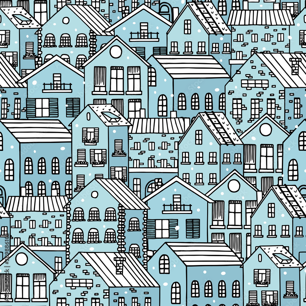 Winter snowy cityscape. Hand drawn winter blue houses seamless pattern.