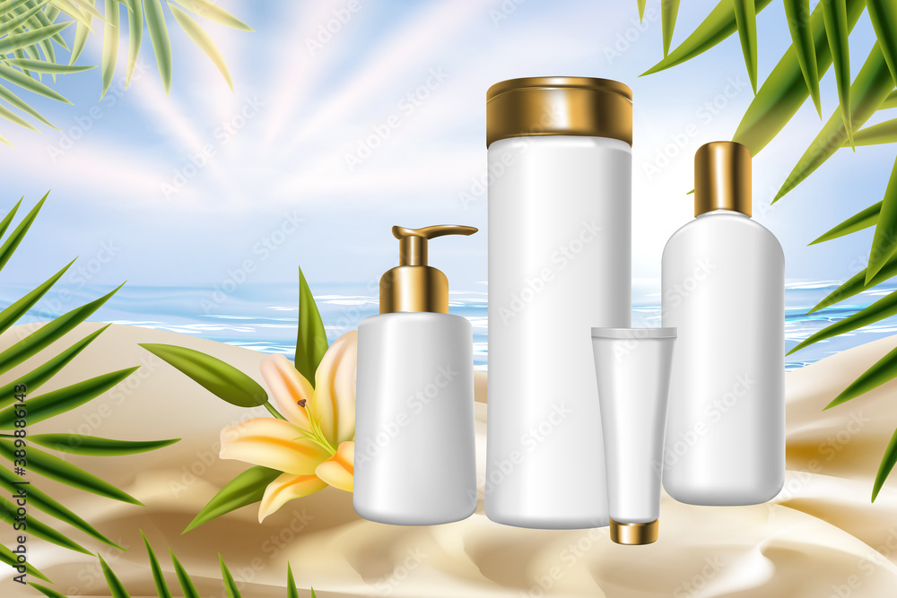 Lily cosmetic packaging series vector illustration. 3d realistic plastic bottles packages for body skincare therapy or treatment product with tropical natural lily flower floral cosmetology background Lily cosmetic packaging series vector illustration. 3d realistic plastic bottles packages for body skincare therapy or treatment product with tropical natural lily flower floral cosmetology background