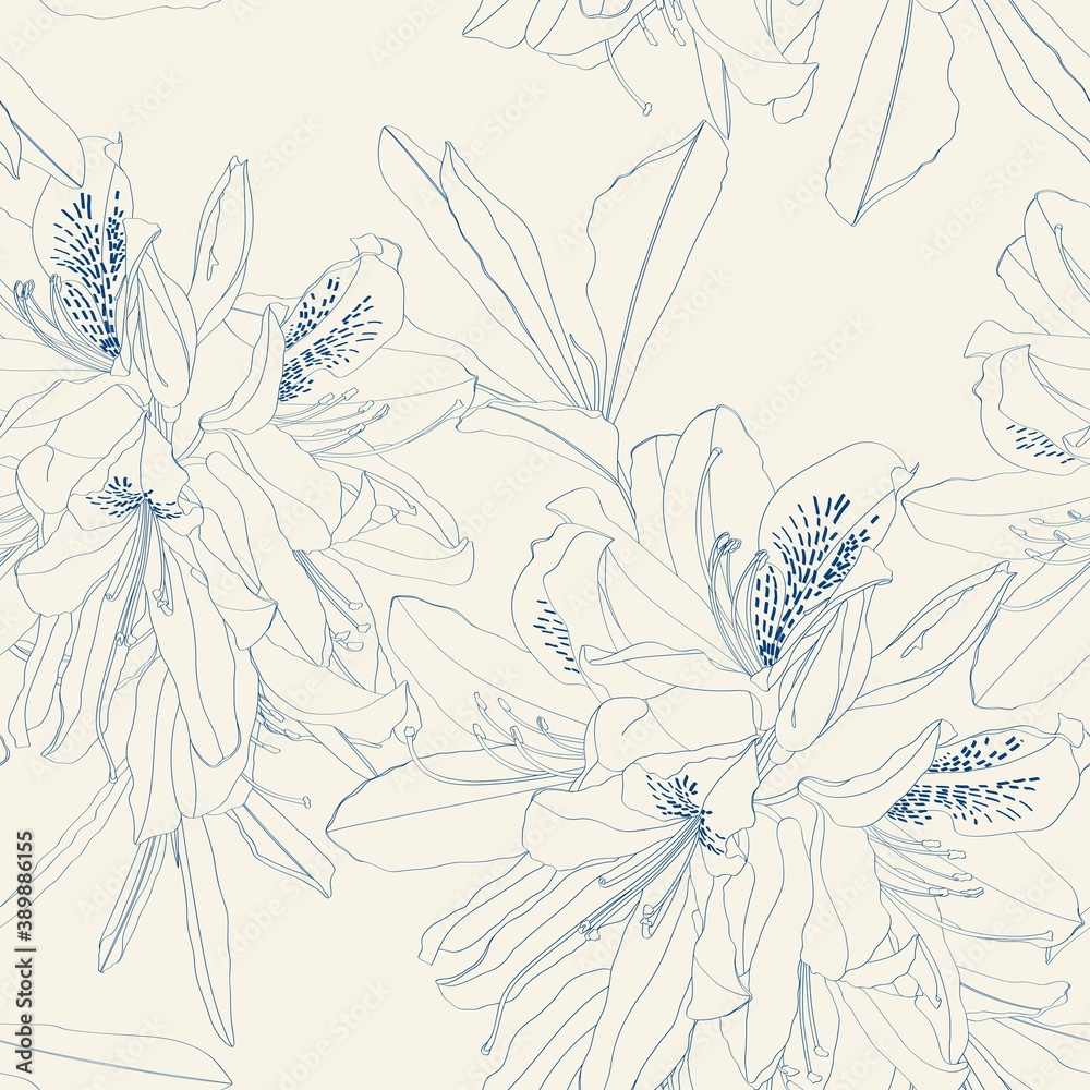 Line Rhododendron Cosmopolitan flowers, blue outline on a vintage background. Seamless pattern.