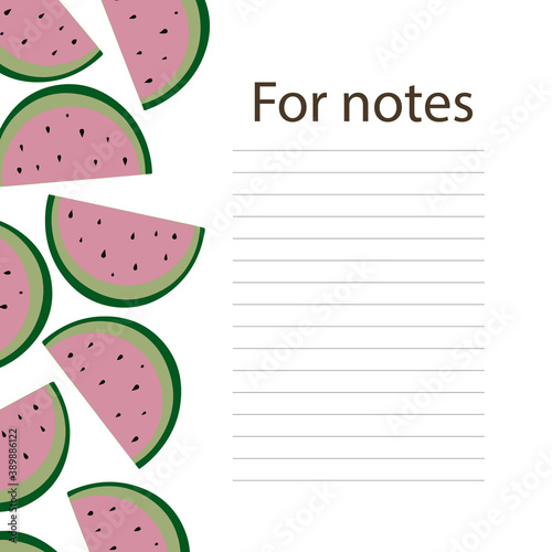 Cookbook page vector template. A place to write recipes. Vector illustration. Fruit. Watermelon in cartoon style