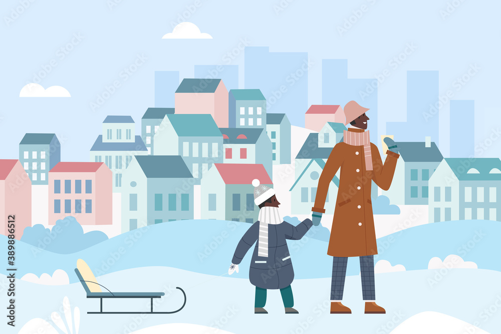 Family winter walk activity vector illustration. Cartoon active father with child walking and sledding in Christmas snowy cityscape, man holding sledge and enjoying xmas city under snow background Family winter walk activity vector illustration. Cartoon active father with child walking and sledding in Christmas snowy cityscape, man holding sledge and enjoying xmas city under snow background