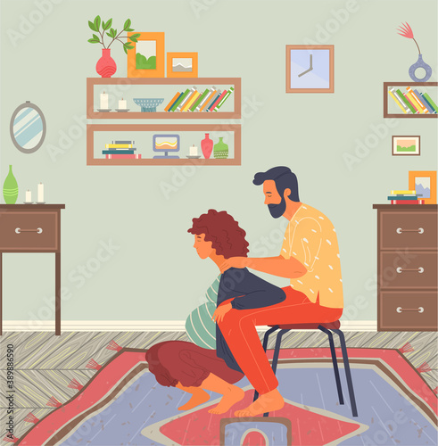 Birth position for pregnant woman, husband help wife to relax, making massage of shoulders, comfortable posture for birthing, man support mother during birth pains, squatted female lean at male knees