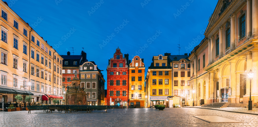 Stockholm, Sweden. Famous Old Colorful Houses, Swedish Academy and Nobel Museum In Old Square Stortorget In Gamla Stan. Famous Landmarks And Popular Place. Panorama.