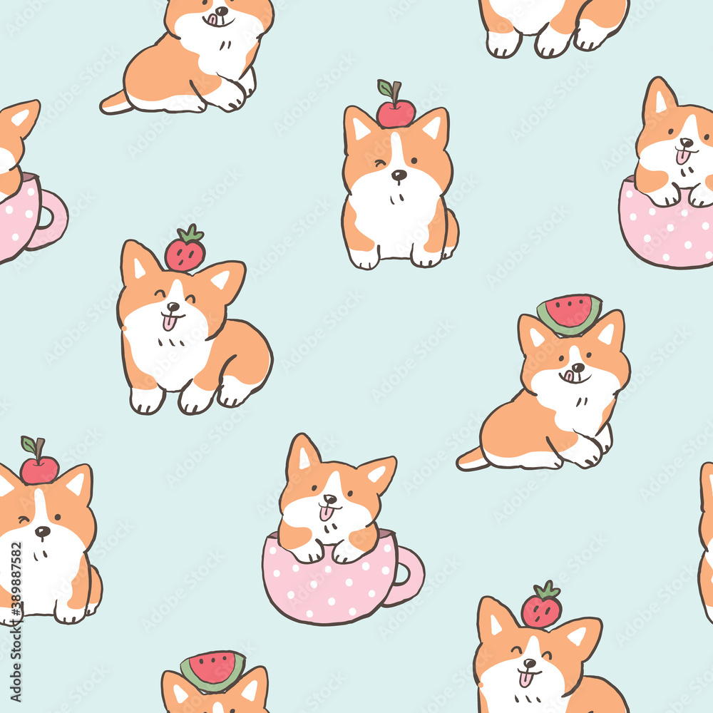 Seamless Pattern with Cute Cartoon Corgi Dog Design on Light Green Background