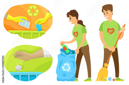 People activists sweeping and cleaning trash, putting bottle in bag, volunteer caring about ecosystem, hand sign throwing out and hoisting pollution vector