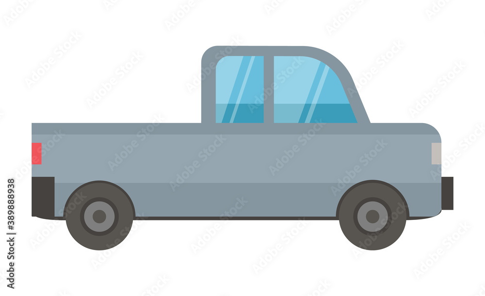 Side view of grey car, automobile object. Transportation automobile, urban equipment with wheels, urban auto in flat design style, transport vector