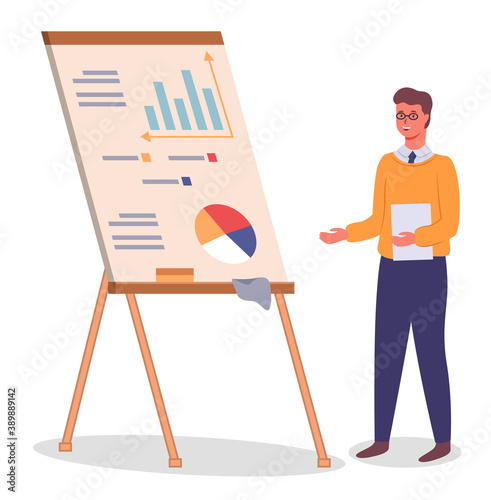 Man standing near wooden flipchart with diagram or pie chart, graphs, data, chart, infographics. Business presentation at board. Report screen with statistics, business strategies, financial plan