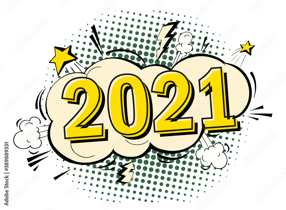 Fototapeta premium 2021 Happy New Year pop art concept with cars. Cartoon doodle vector illustration vector for christmas design.
