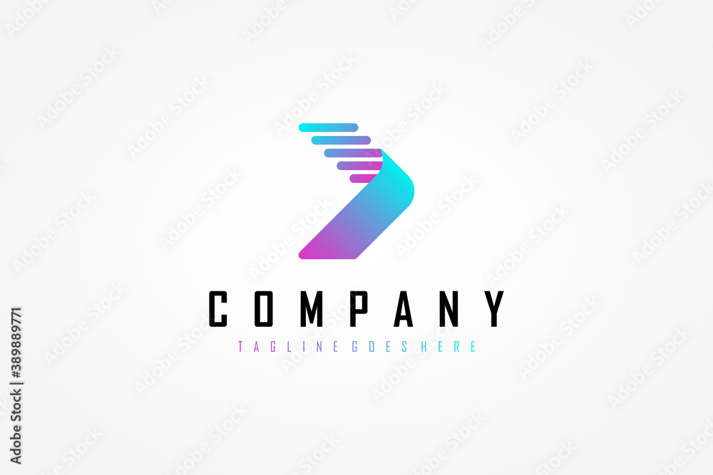 Right Arrow Logo. Light Blue and Purple Gradient Geometric Arrow Shape with Striped Lines Origami Style. Usable for Business and Technology Logos. Flat Vector Logo Design Template Element.