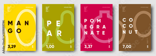 Vector illustrations. Set of minimalistic fruit posters or price tags. Mango, pear, pomegranate, coconut.