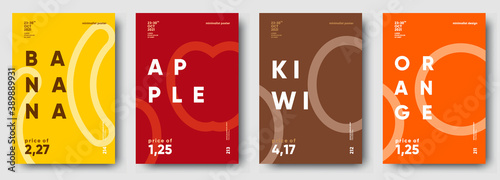 Vector illustrations. Set of minimalistic fruit posters or price tags. Banana, apple, kiwi, orange.