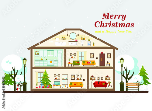 House in a cut. Christmas card with  furniture, Christmas tree and Christmas decor flat vector illustration

