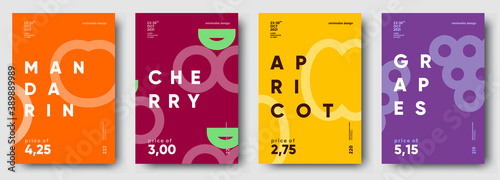 Vector illustrations. Set of minimalistic fruit posters or price tags. Grapes, apricot, cherry, mandarin.