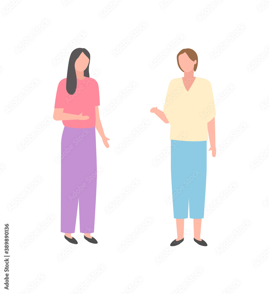 Obraz premium Two women talking, isolated cartoon ladies in flat style. Vector middle-age females in casual cloth having conversation. People on summer fair mothers or wives