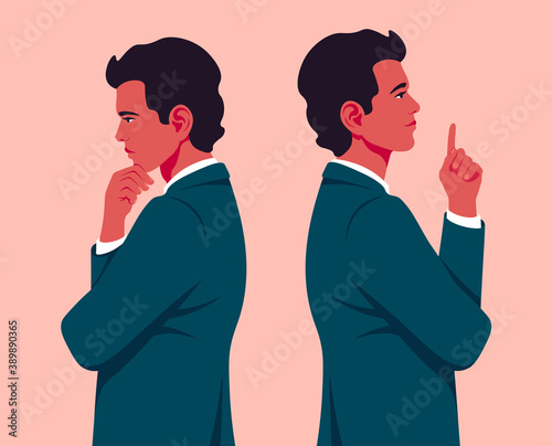 A young businessman is standing in profile. A hispanic man is thinking and making a decision. Problems and ideas in business. Innovation and startup. Vector flat illustration