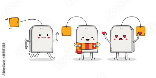 Cute teabag cartoon character set of running away, wearing scarf and in love