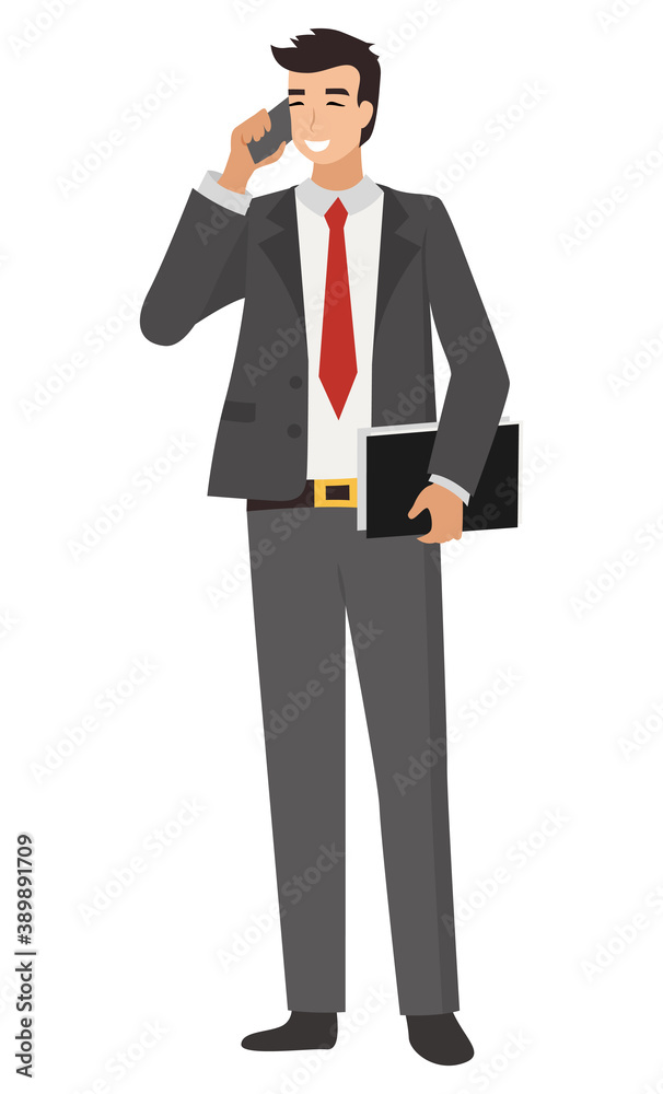 Man wearing suit with tie vector, isolated male leader of company. Male talking on phone, formalwear of business person dealing with problems flat style
