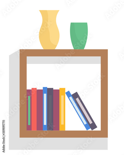 Bookshelf with books and vases in room interior. Home library with literature, vector illustration. Furniture and equipment for workplace. Cube shaped shelf with colored folders on white background