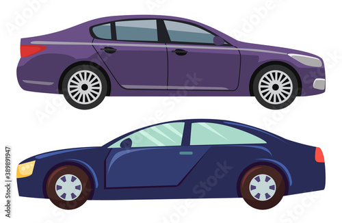 Automobile vector  isolated transportation of city set of models. Riding transport with horsepower  contemporary model with tyre journey or vacation illustration in flat style design for web  print