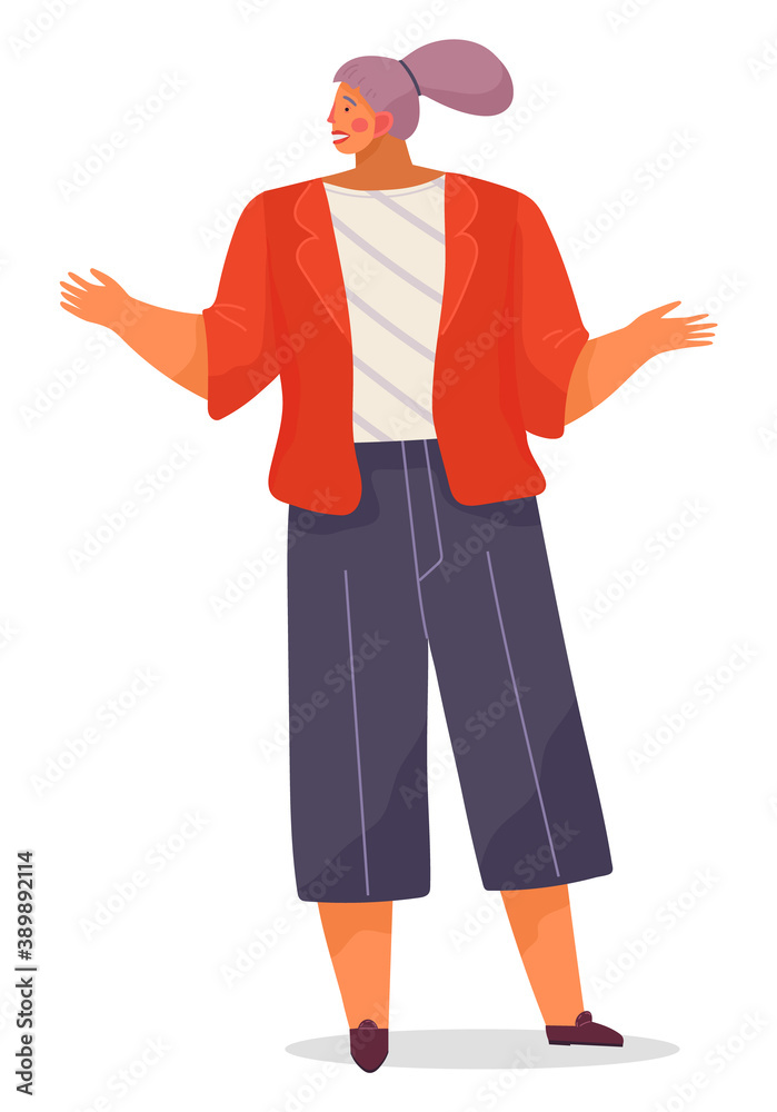Caucasian business woman holds hands to the sides. Full length of surprised business woman. Woman making emotional gesture - waving hand vector flat design illustration isolated on white background Caucasian business woman holds hands to the sides. Full length of surprised business woman. Woman making emotional gesture - waving hand vector flat design illustration isolated on white background