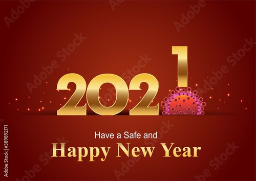 happy new year 2021 golden letter with red background. covid-19, corona virus concept