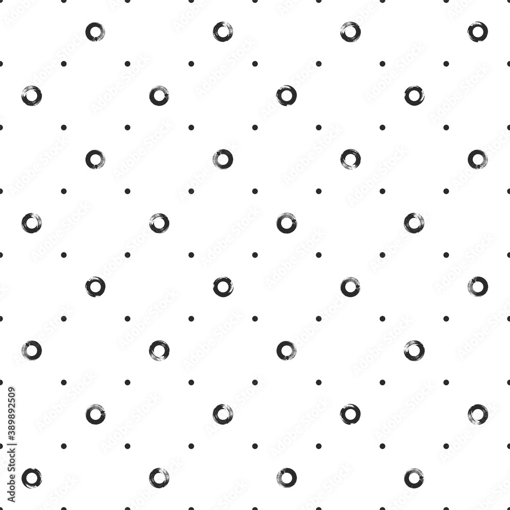Seamless modern pattern with black hand drawn circles isolated on white background. Abstract monochrome illustration. 
