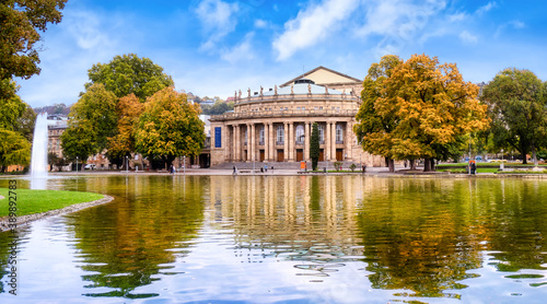Panorama of the Upper Castle Garden with pond and state theatre in Stuttgart, Germany photo