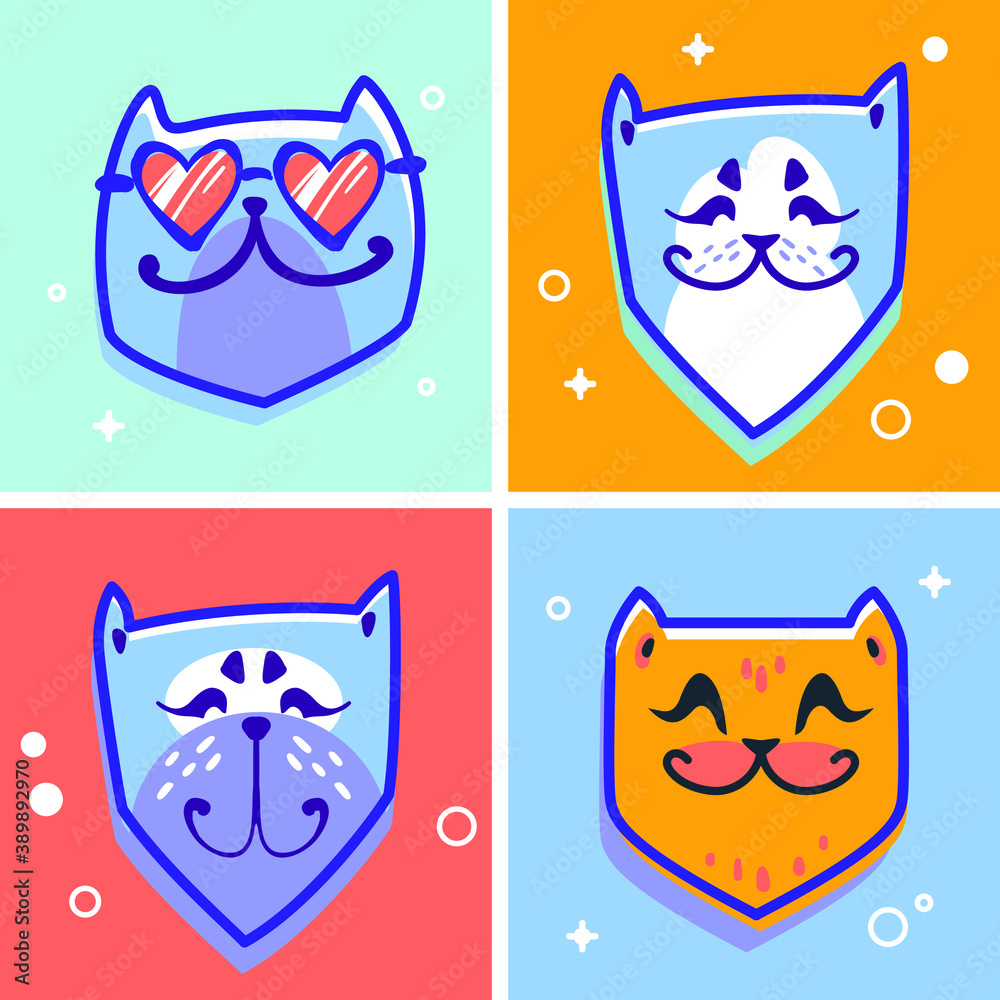 Set funny cats, icon cat cartoon, symbol, flat style, vector illustration.