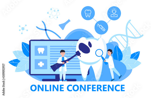 Dentist service vector concept for landing page. Tiny dentists make x-ray scan of teeth to help toothache, to whiten enamel or recovery implant. Online conference for dentistry specialist