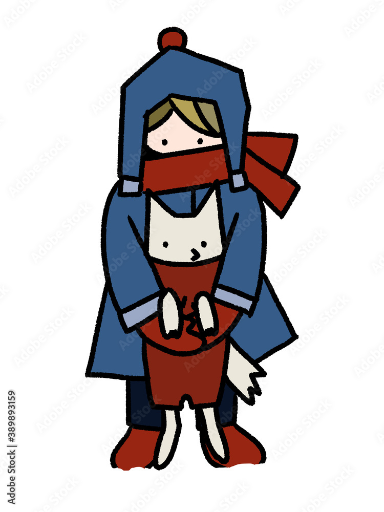 雪が積もった寒い日に子犬を抱き上げる少年の、かわいい手描きイラスト(積雪感あり) 雪が積もった寒い日に子犬を抱き上げる少年の、かわいい手描きイラスト(積雪感あり)
