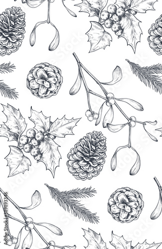 Vector seamless pattern with Christmas floral elements, plants, branches, pine cones.