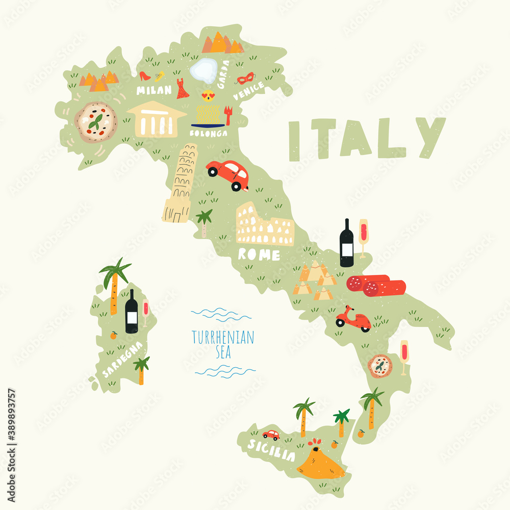 cartoon map of italy. illustration of a map of italy. map of italy in hand drawn colorful style .illustrated map of italy vector illustration eps 10	