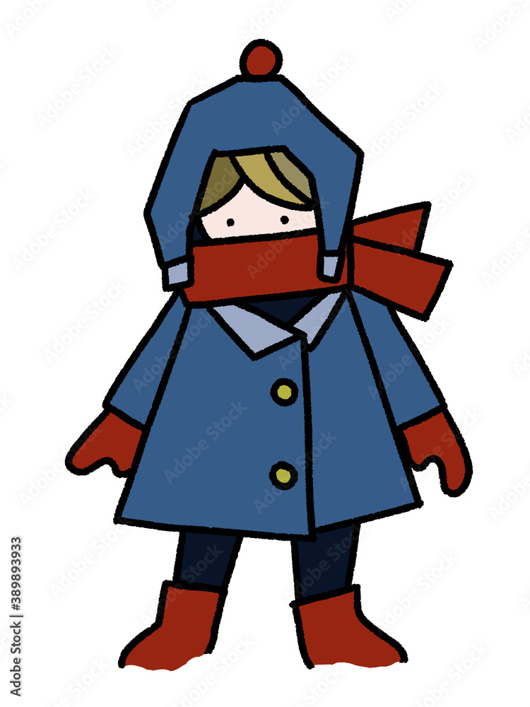 雪が積もった日に、暖かいコートとマフラー、帽子を着けて外にいる少年の手描きイラスト(積雪感あり)