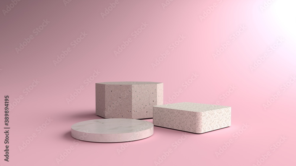3D Render of Abstract pink Composition with Podium. Minimal Studio with Square, Round and Octagonal Pedestal. Pedestal can be used for advertising, Isolated on pink background, Product Presentation. 3D Render of Abstract pink Composition with Podium. Minimal Studio with Square, Round and Octagonal Pedestal. Pedestal can be used for advertising, Isolated on pink background, Product Presentation.